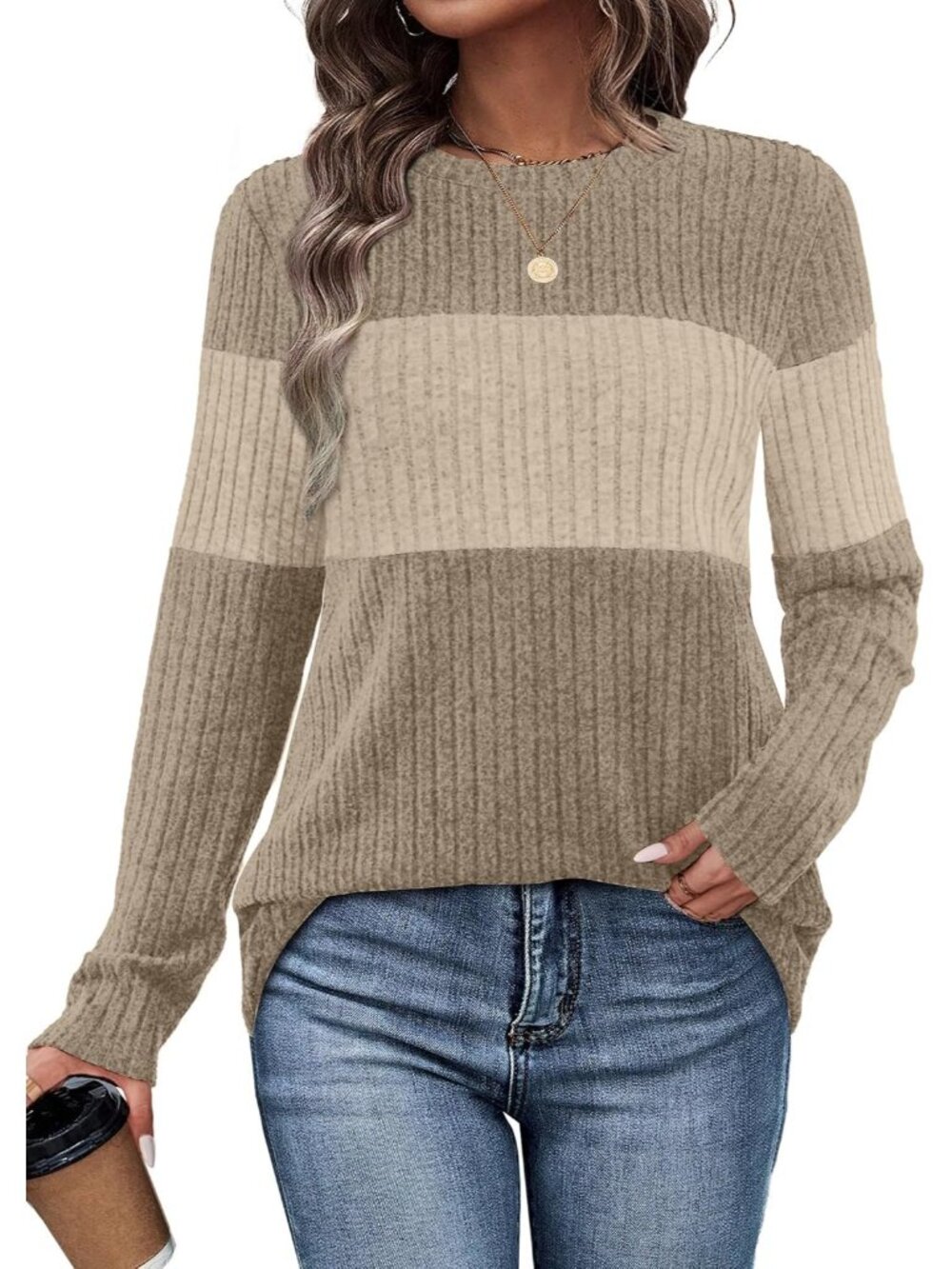 Women's Unique Khaki Apricot Long Sleeve Shirt Winter Sweaters Trendy Block Tops